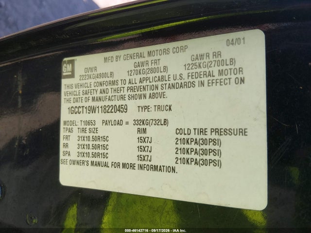 2001 Chevrolet S-10 Ls მანქანა იყიდება აუქციონზე, vin: 1GCCT19W118220459, აუქციონის ნომერი: 46142716