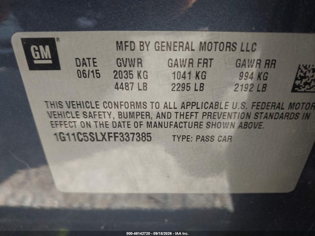 Продажа на аукционе авто 2015 Chevrolet Malibu 1lt, vin: 1G11C5SLXFF337385, номер лота: 46142720