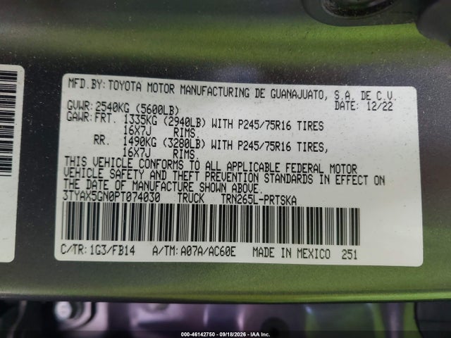 Aukcja sprzedaży 2023 Toyota Tacoma Sr, vin: 3TYAX5GN0PT074030, numer aukcji: 46142750