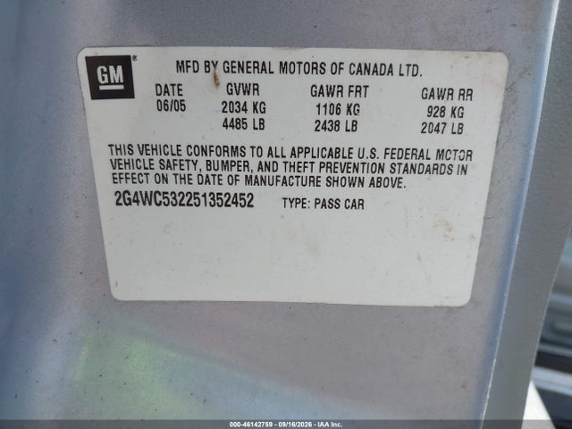 Продаж на аукціоні авто 2005 Buick Lacrosse Cx, vin: 2G4WC532251352452, номер лоту: 46142759