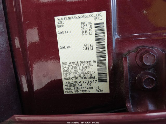 Продаж на аукціоні авто 2010 Nissan Altima 2.5 S, vin: 1N4AL2AP5AC171447, номер лоту: 46142770