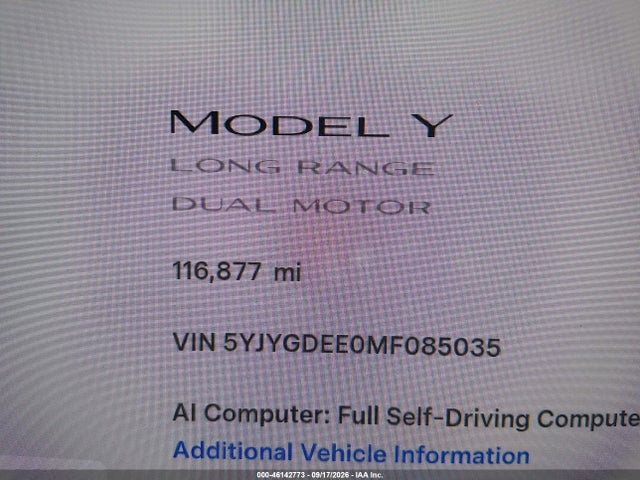 Aukcja sprzedaży 2021 Tesla Model Y Long Range Dual Motor All-wheel Drive, vin: 5YJYGDEE0MF085035, numer aukcji: 46142773