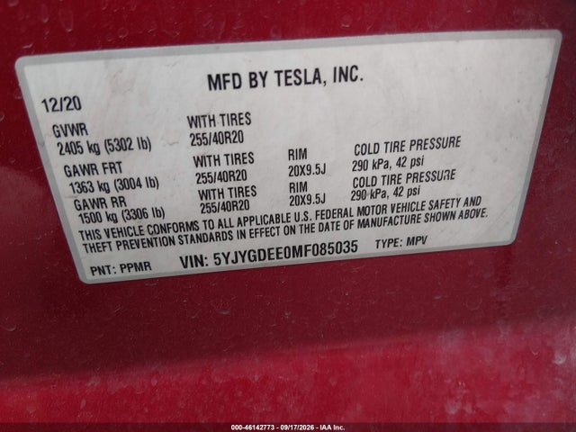 Aukcja sprzedaży 2021 Tesla Model Y Long Range Dual Motor All-wheel Drive, vin: 5YJYGDEE0MF085035, numer aukcji: 46142773