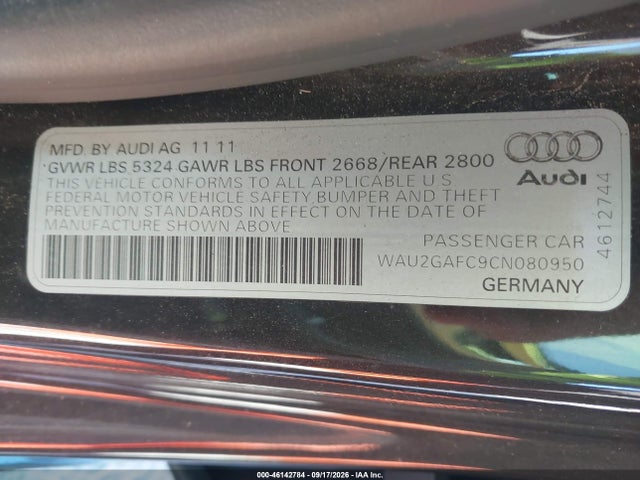 2012 Audi A7 Premium მანქანა იყიდება აუქციონზე, vin: WAU2GAFC9CN080950, აუქციონის ნომერი: 46142784
