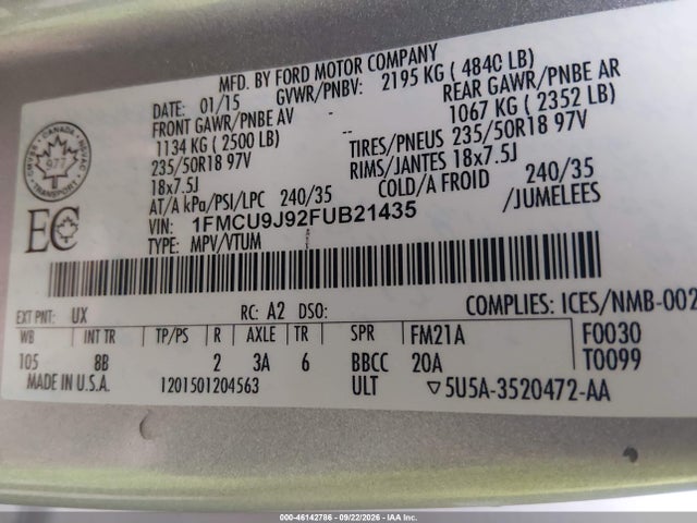 46142786 :رقم المزاد ، 1FMCU9J92FUB21435 vin ، 2015 Ford Escape Titanium مزاد بيع