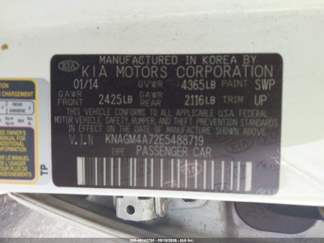 46142790 :رقم المزاد ، KNAGM4A72E5488719 vin ، 2014 Kia Optima Lx مزاد بيع