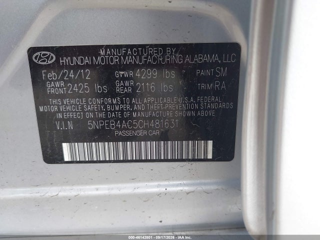 46142801 :رقم المزاد ، 5NPEB4AC5CH481631 vin ، 2012 Hyundai Sonata Gls مزاد بيع