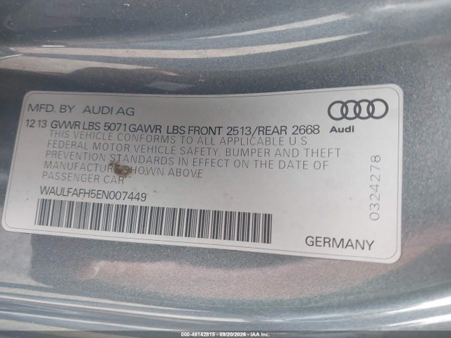 2014 Audi A5 2.0t Premium მანქანა იყიდება აუქციონზე, vin: WAULFAFH5EN007449, აუქციონის ნომერი: 46142815