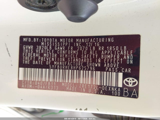 Aukcja sprzedaży 2017 Toyota Corolla Le, vin: 5YFBURHE8HP625796, numer aukcji: 46142819