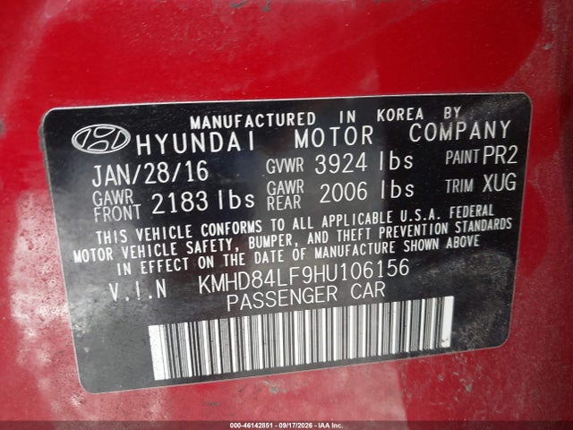 Aukcja sprzedaży 2017 Hyundai Elantra Se, vin: KMHD84LF9HU106156, numer aukcji: 46142851