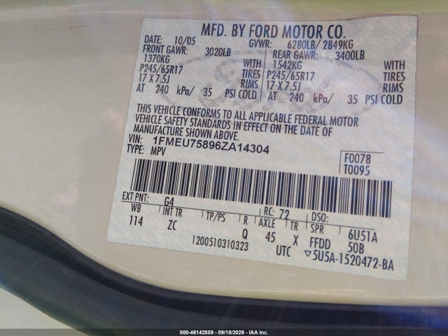 46142859 :رقم المزاد ، 1FMEU75896ZA14304 vin ، 2006 Ford Explorer Limited مزاد بيع