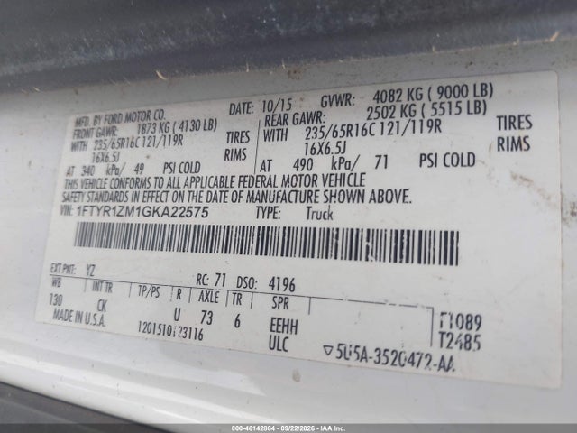 Продажа на аукционе авто 2016 Ford Transit-250, vin: 1FTYR1ZM1GKA22575, номер лота: 46142864