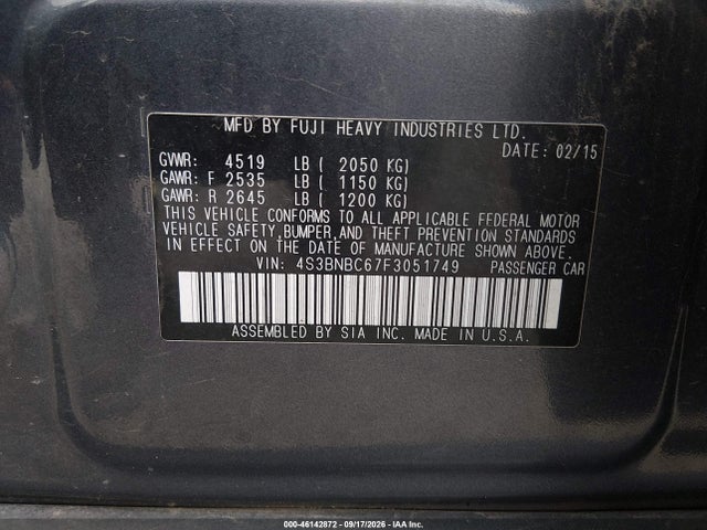 Продаж на аукціоні авто 2015 Subaru Legacy 2.5i Premium, vin: 4S3BNBC67F3051749, номер лоту: 46142872