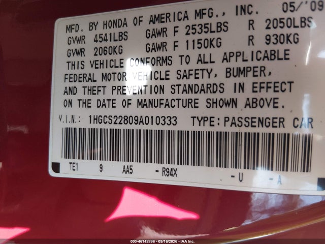 Aukcja sprzedaży 2009 Honda Accord 3.5 Ex-l, vin: 1HGCS22809A010333, numer aukcji: 46142896