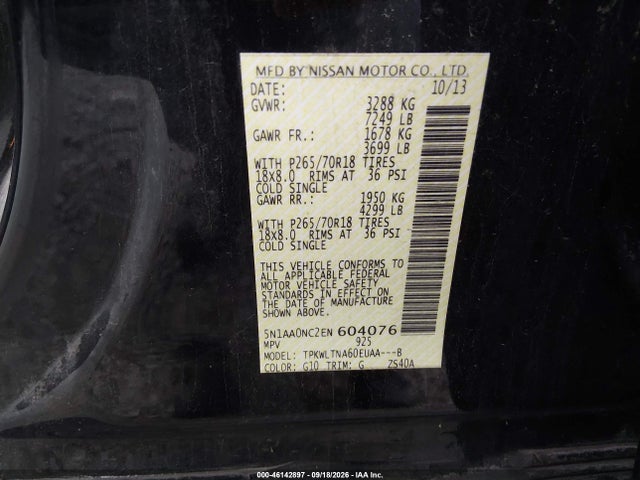 46142897 :رقم المزاد ، 5N1AA0NC2EN604076 vin ، 2014 Nissan Armada Sv مزاد بيع