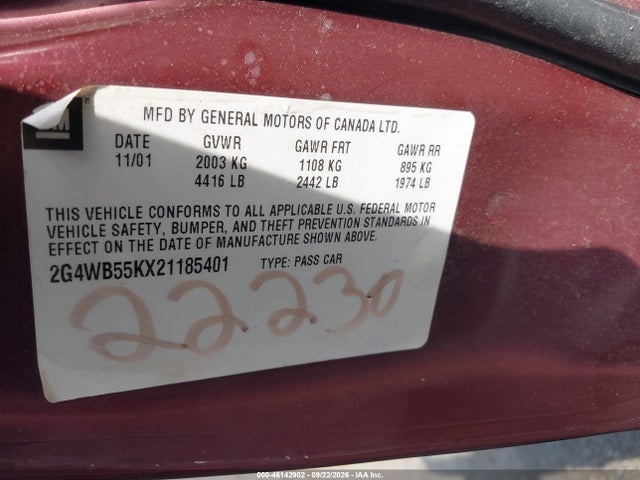 2002 Buick Regal Ls მანქანა იყიდება აუქციონზე, vin: 2G4WB55KX21185401, აუქციონის ნომერი: 46142902