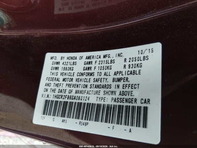 Aukcja sprzedaży 2016 Honda Accord Ex-l, vin: 1HGCR2F86GA060124, numer aukcji: 46142915