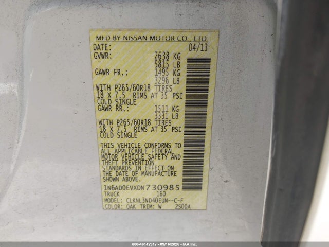 2013 Nissan Frontier Sl მანქანა იყიდება აუქციონზე, vin: 1N6AD0EVXDN730985, აუქციონის ნომერი: 46142917