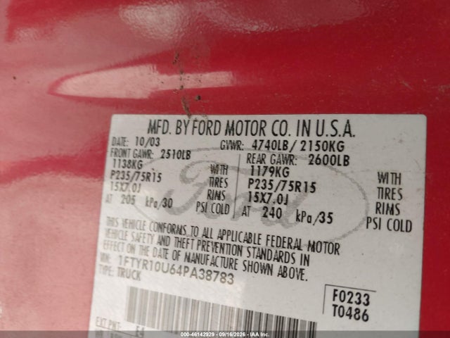 Продажа на аукционе авто 2004 Ford Ranger Edge/xl/xlt, vin: 1FTYR10U64PA38783, номер лота: 46142929