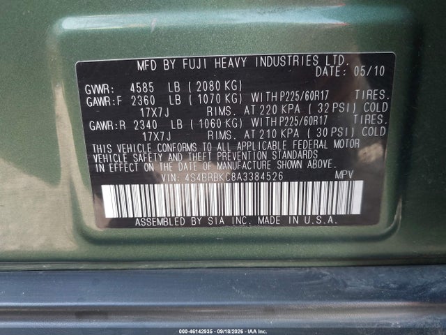 Продаж на аукціоні авто 2010 Subaru Outback 2.5i Limited, vin: 4S4BRBKC8A3384526, номер лоту: 46142935