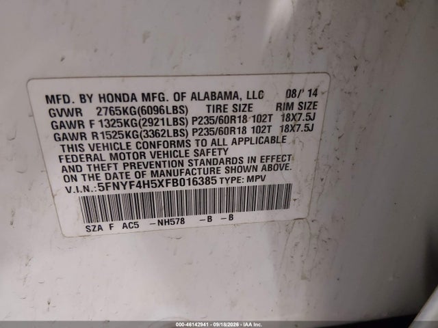 2015 Honda Pilot Ex-l მანქანა იყიდება აუქციონზე, vin: 5FNYF4H5XFB016385, აუქციონის ნომერი: 46142941
