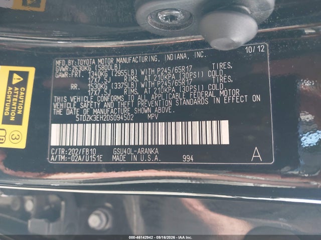 46142942 :رقم المزاد ، 5TDZK3EH2DS094502 vin ، 2013 Toyota Highlander Base V6 مزاد بيع