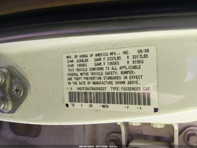 2009 Honda Accord 2.4 Lx-p მანქანა იყიდება აუქციონზე, vin: 1HGCP26479A006207, აუქციონის ნომერი: 46142943