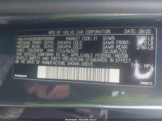 Aukcja sprzedaży 2021 Volvo Xc60 T5 Momentum, vin: YV4102RK8M1700897, numer aukcji: 46142948