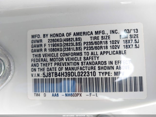 2013 Acura Rdx მანქანა იყიდება აუქციონზე, vin: 5J8TB4H39DL022310, აუქციონის ნომერი: 46142958