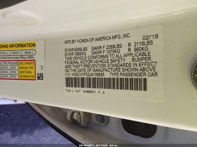 Aukcja sprzedaży 2018 Honda Accord Ex-l, vin: 1HGCV1F52JA109855, numer aukcji: 46142971