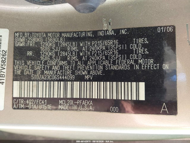 2006 Toyota Sienna Le მანქანა იყიდება აუქციონზე, vin: 5TDZA23C06S444099, აუქციონის ნომერი: 46142975