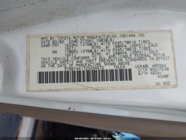 Aukcja sprzedaży 2002 Toyota Tundra Sr5 V8, vin: 5TBBT44172S294872, numer aukcji: 46142984