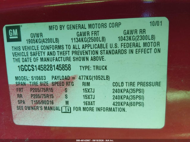 Aukcja sprzedaży 2002 Chevrolet S-10, vin: 1GCCS145828145858, numer aukcji: 46142987