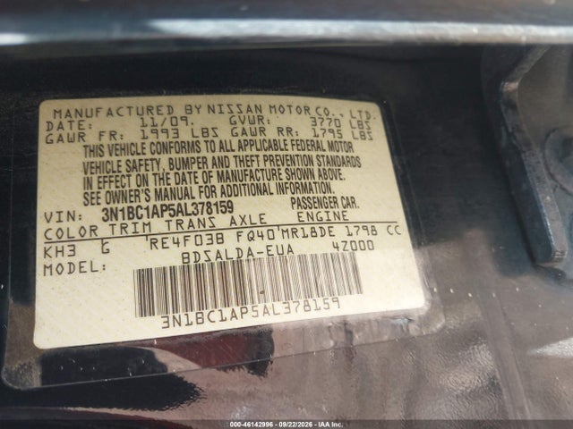 46142996 :رقم المزاد ، 3N1BC1AP5AL378159 vin ، 2010 Nissan Versa 1.8s مزاد بيع