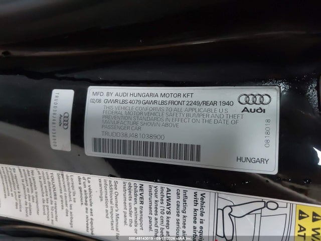 Продаж на аукціоні авто 2008 Audi Tt 3.2, vin: TRUDD38J481038900, номер лоту: 46143019