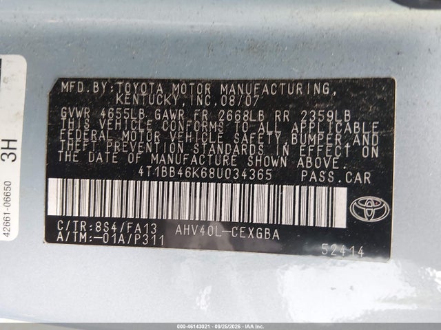 Aukcja sprzedaży 2008 Toyota Camry Hybrid, vin: 4T1BB46K68U034365, numer aukcji: 46143021