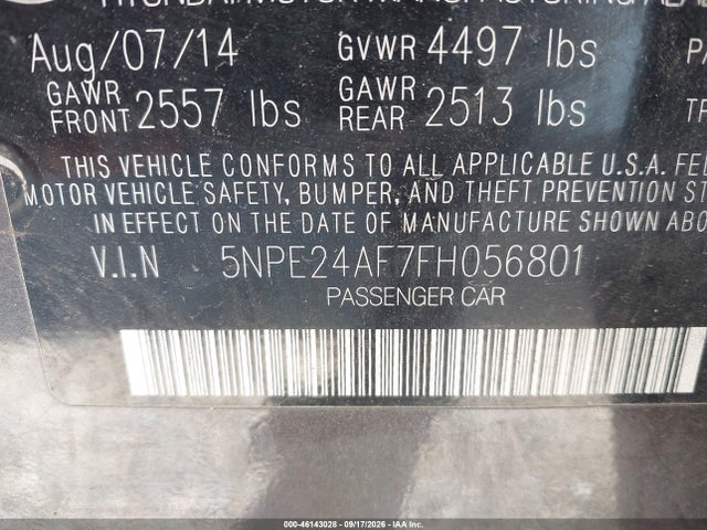 Aukcja sprzedaży 2015 Hyundai Sonata Se, vin: 5NPE24AF7FH056801, numer aukcji: 46143028