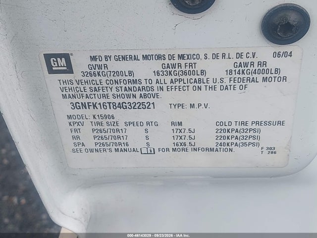 Aukcja sprzedaży 2004 Chevrolet Suburban 1500 Lt, vin: 3GNFK16T84G322521, numer aukcji: 46143029
