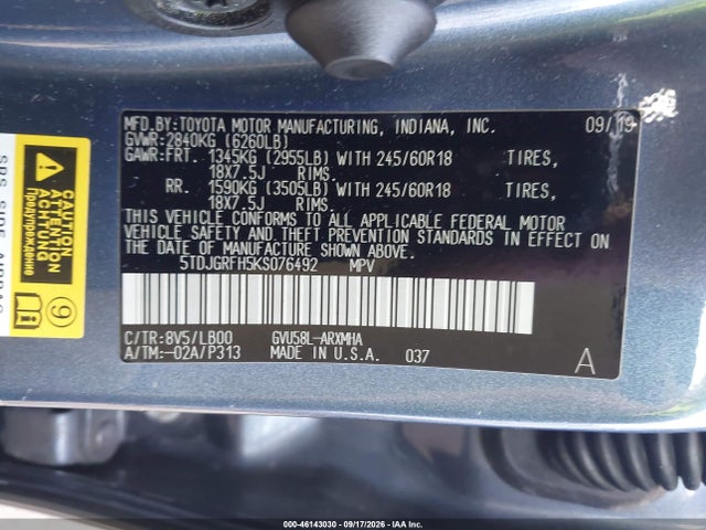 46143030 :رقم المزاد ، 5TDJGRFH5KS076492 vin ، 2019 Toyota Highlander Hybrid Xle مزاد بيع