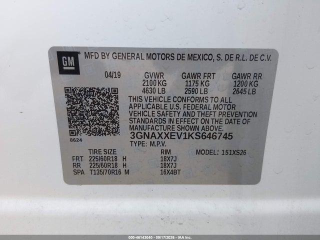 Aukcja sprzedaży 2019 Chevrolet Equinox Premier, vin: 3GNAXXEV1KS646745, numer aukcji: 46143040
