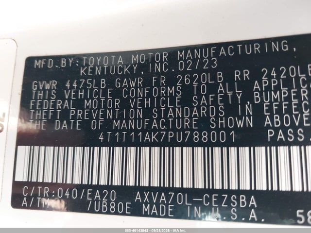Продажа на аукционе авто 2023 Toyota Camry Se, vin: 4T1T11AK7PU788001, номер лота: 46143043