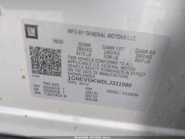 Aukcja sprzedaży 2020 Chevrolet Traverse Awd Lt Cloth, vin: 1GNEVGKW0LJ311080, numer aukcji: 46143045