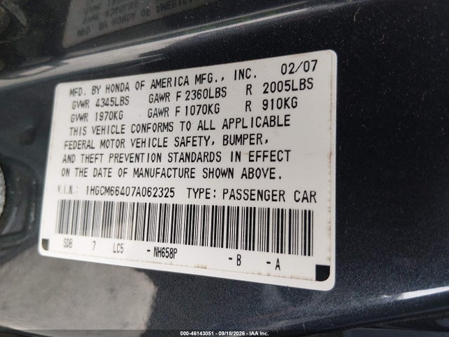 2007 Honda Accord 3.0 Se მანქანა იყიდება აუქციონზე, vin: 1HGCM66407A062325, აუქციონის ნომერი: 46143051