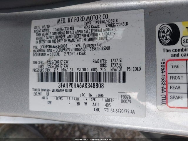 Продажа на аукционе авто 2010 Ford Fusion Se, vin: 3FAHP0HA6AR348808, номер лота: 46143071