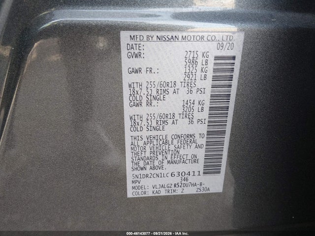 Продаж на аукціоні авто 2020 Nissan Pathfinder Sl 2wd, vin: 5N1DR2CN1LC630411, номер лоту: 46143077