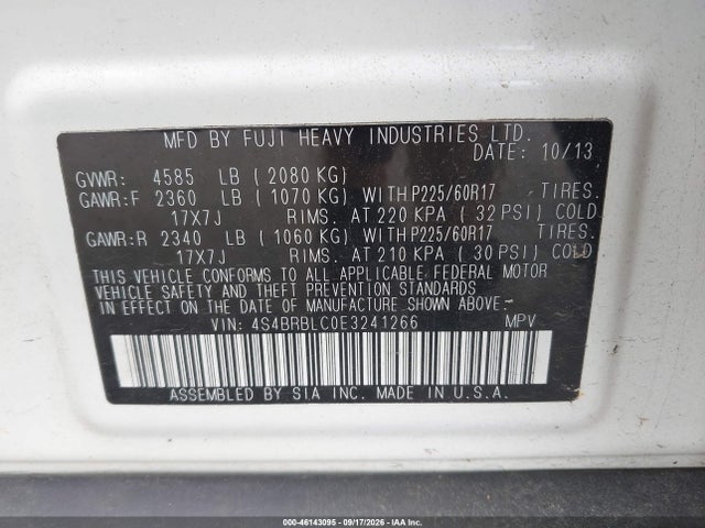 46143095 :رقم المزاد ، 4S4BRBLC0E3241266 vin ، 2014 Subaru Outback 2.5i Limited مزاد بيع