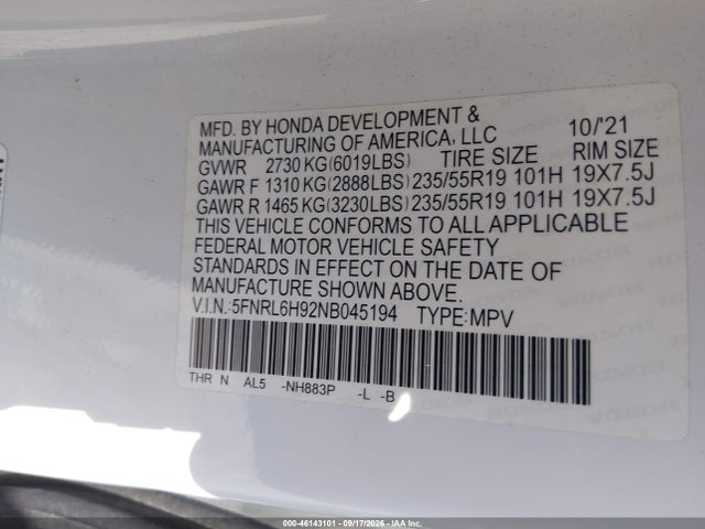 Aukcja sprzedaży 2022 Honda Odyssey Elite, vin: 5FNRL6H92NB045194, numer aukcji: 46143101