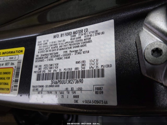 2018 Ford Fusion Hybrid S მანქანა იყიდება აუქციონზე, vin: 3FA6P0UU7JR273690, აუქციონის ნომერი: 46143105