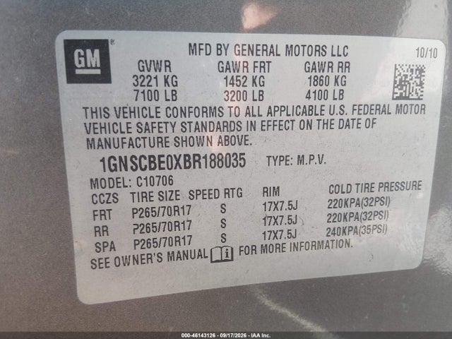 Aukcja sprzedaży 2011 Chevrolet Tahoe Lt, vin: 1GNSCBE0XBR188035, numer aukcji: 46143126