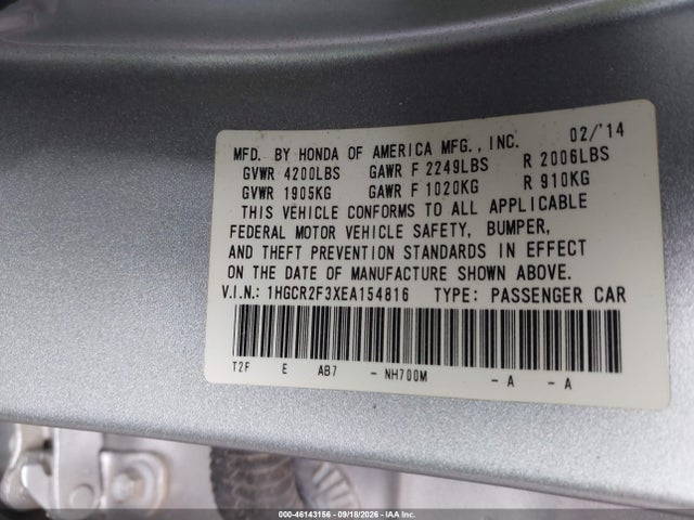 Aukcja sprzedaży 2014 Honda Accord Lx, vin: 1HGCR2F3XEA154816, numer aukcji: 46143156